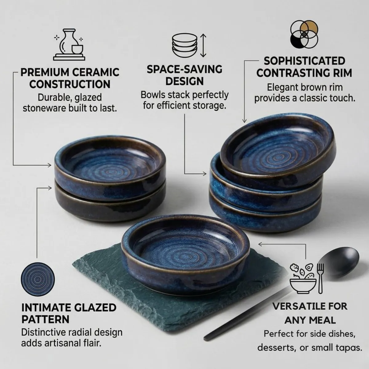 Blue ceramic dip bowls with concentric inner pattern and brown rim