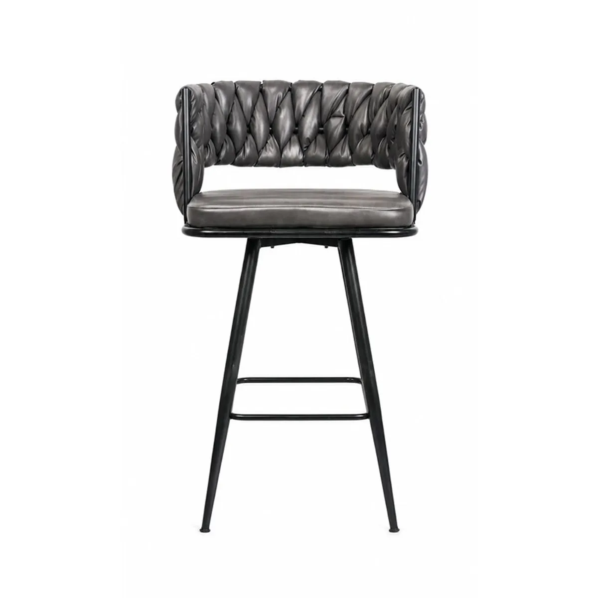 Front view of a dark grey bar stool with a textured back and black metal frame.