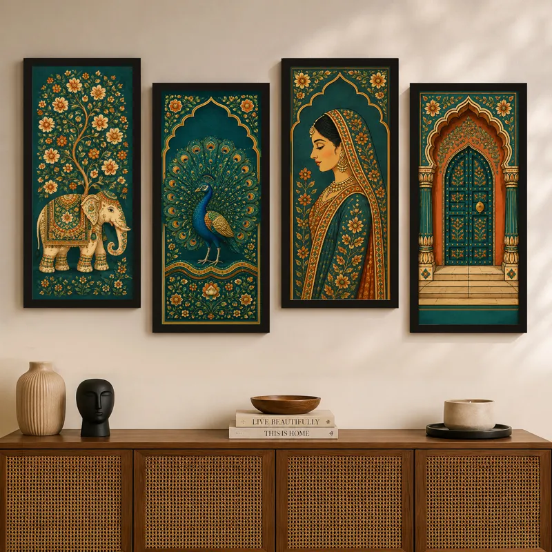 Four framed teal and gold paintings displayed above a sideboard