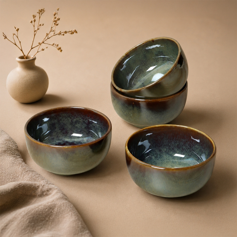 ServeEase Snack Bowl (Olive Green,400 mL Each) - Set Of Four - 400 ML