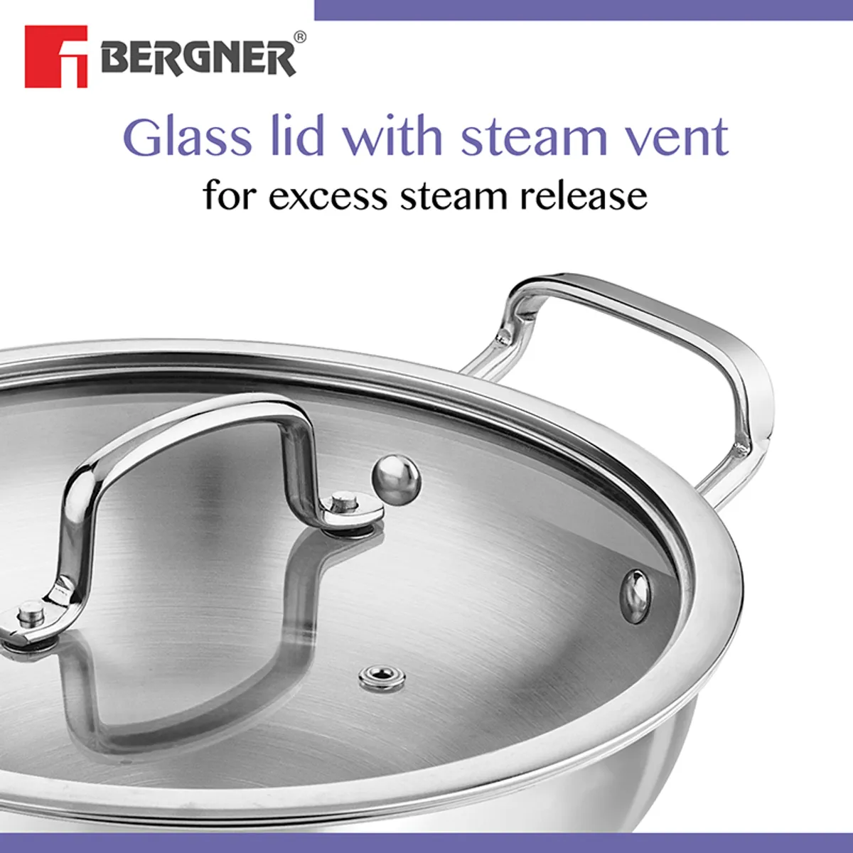 Close-up of silver cookware with transparent glass lid and steam vent