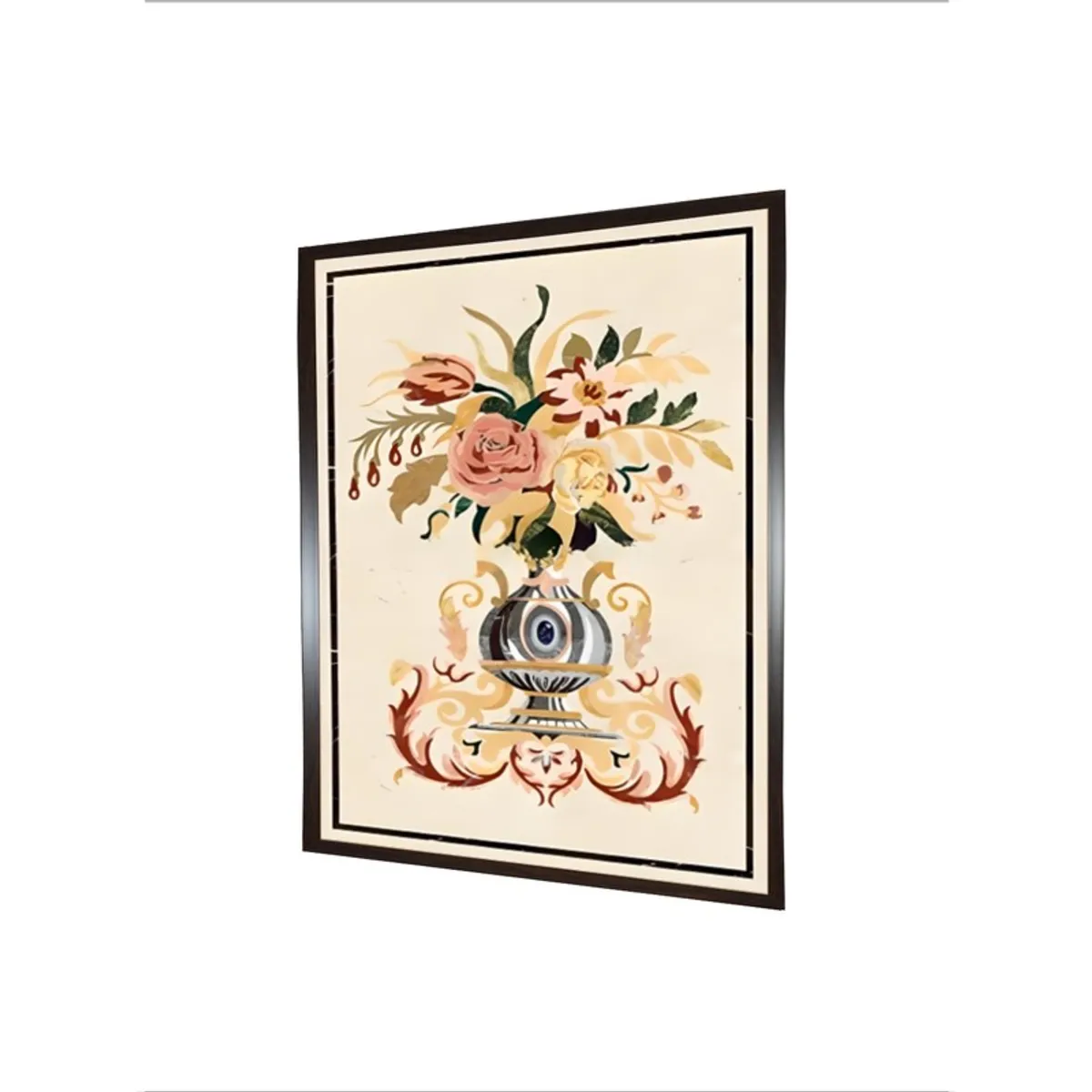 Angled view of framed floral bouquet canvas wall painting