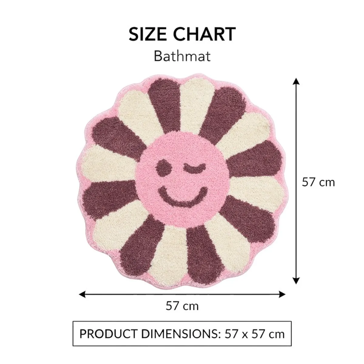 Round flower-shaped bath mat shown with 57 cm dimensions