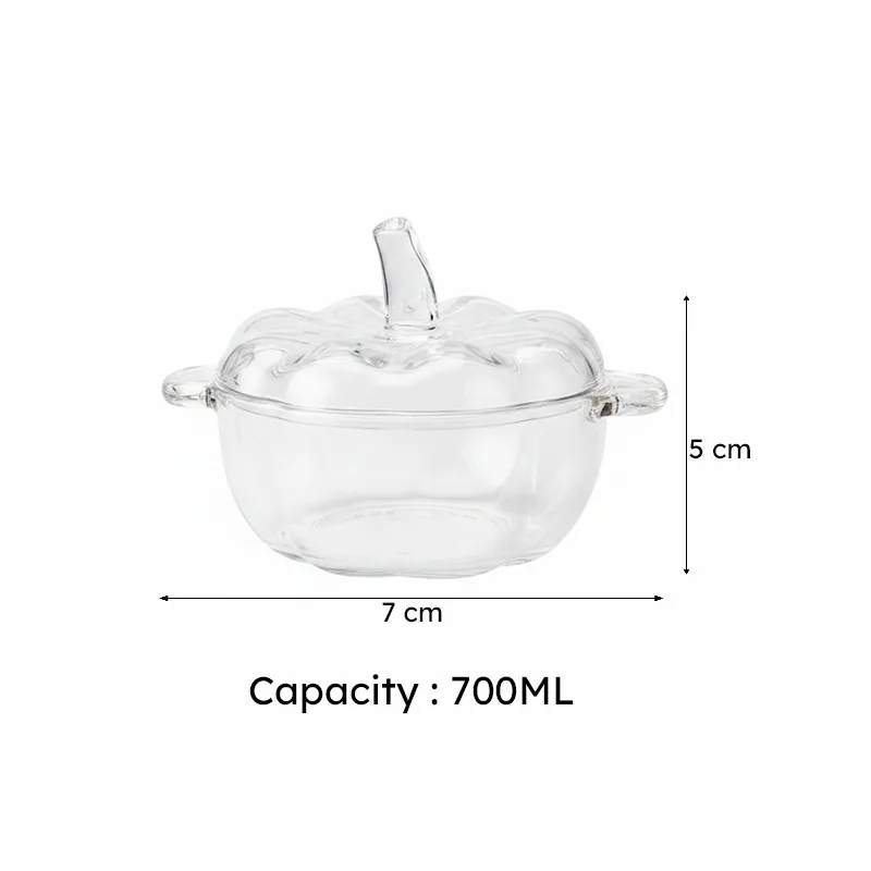 Transparent glass snack bowl with lid shown with 7 cm width and 5 cm height