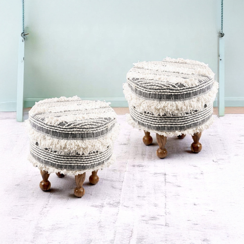 Everix Acacia Wooden Ottomans (Grey) - Set Of Two
