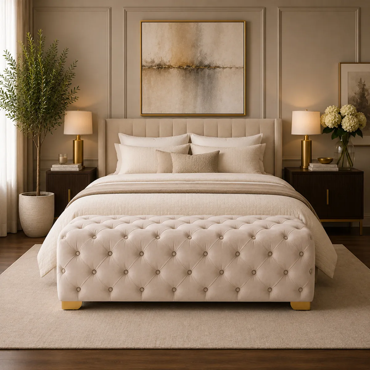Beige tufted velvet bench placed at the foot of a contemporary bed.