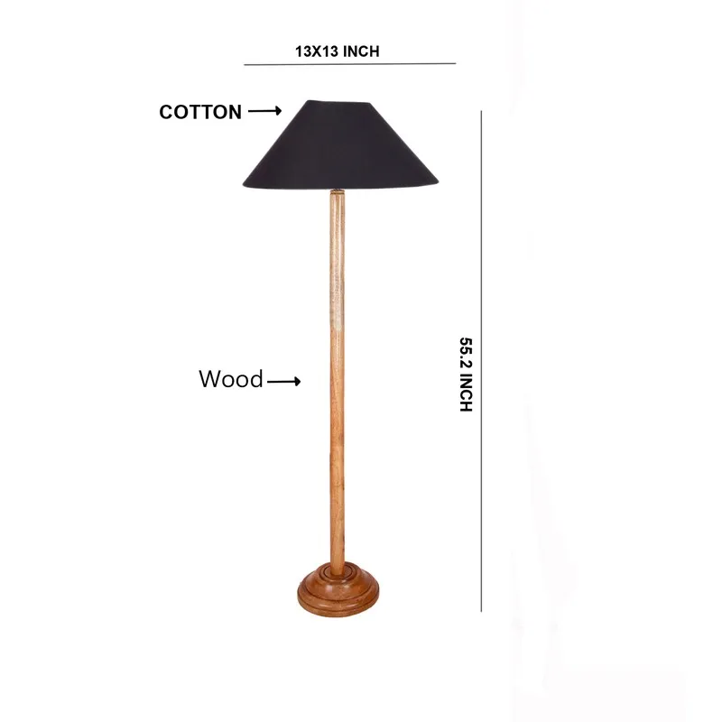 Wooden floor lamp with black shade shown in a dimension graphic