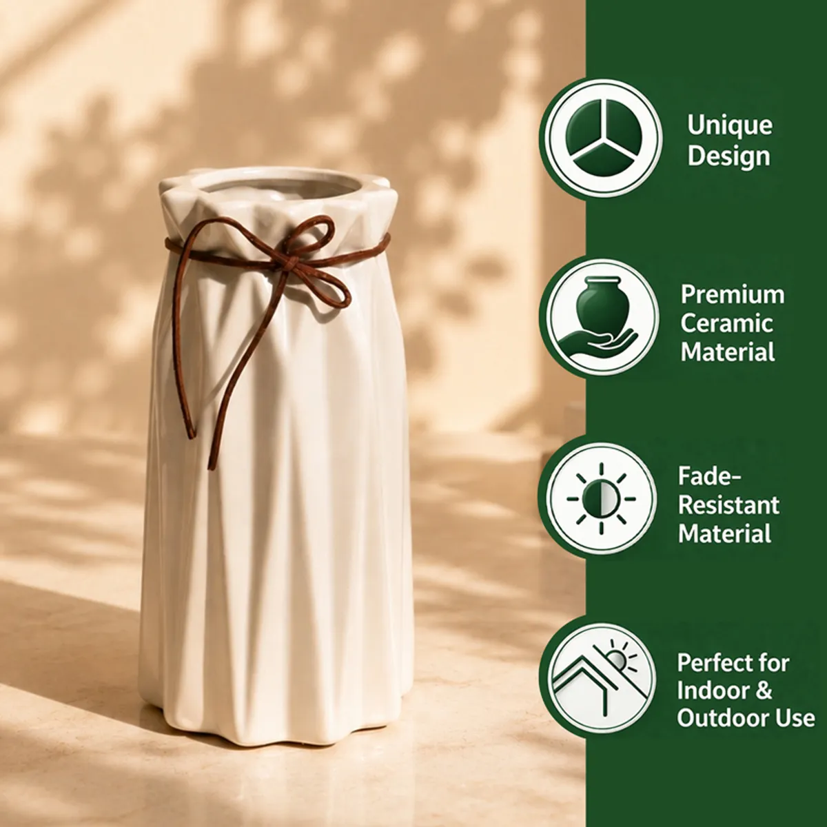 White pleated vase with a brown bow beside illustrated feature icons