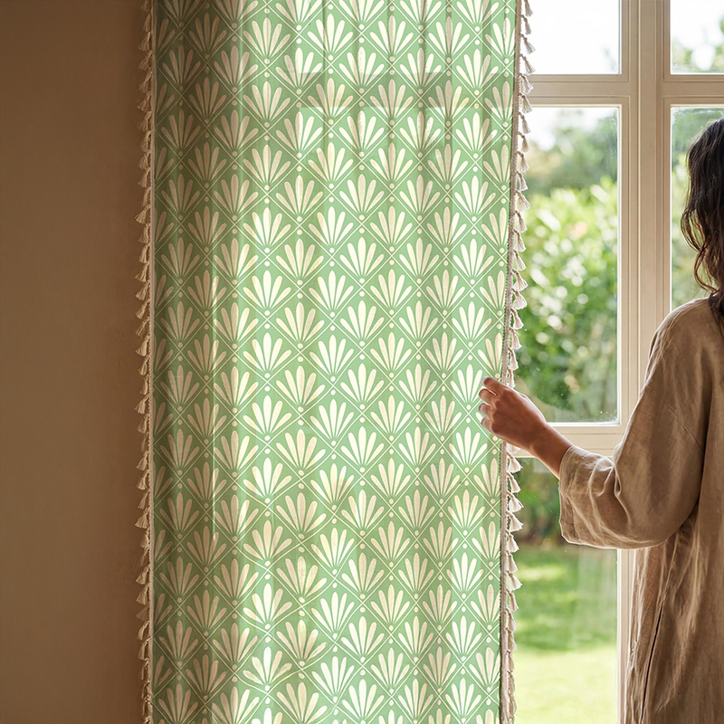 Amaya Sage Tasseled Cotton Curtain - Green - Door - 8 Feet