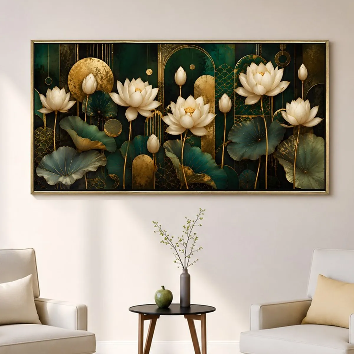 Emerald and gold lotus canvas wall painting styled above a small round side table