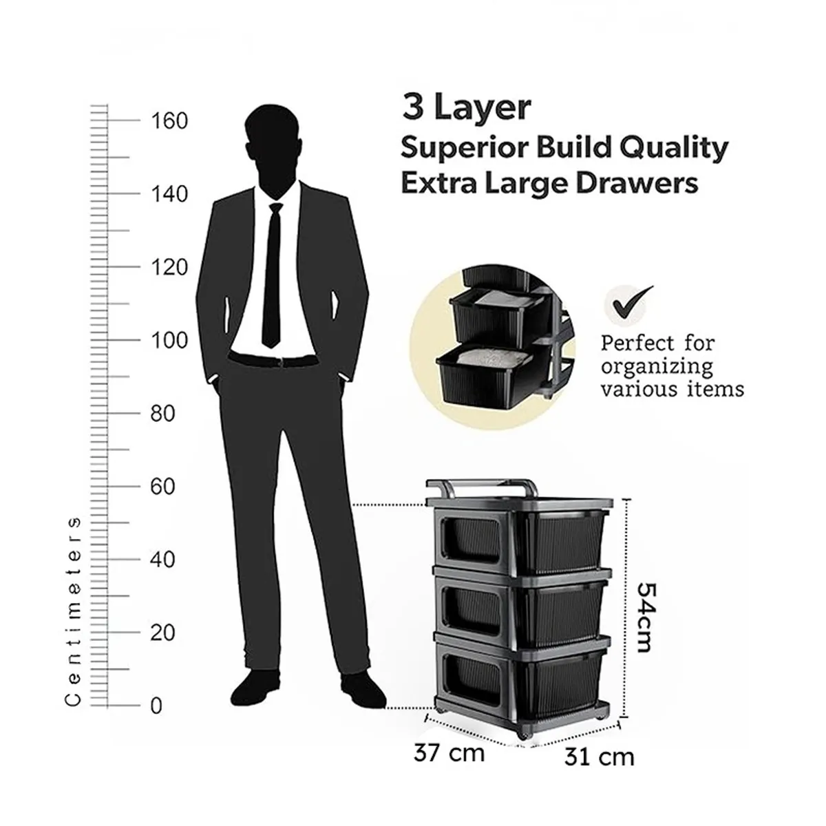 Organiser rack shown beside a centimetre height scale