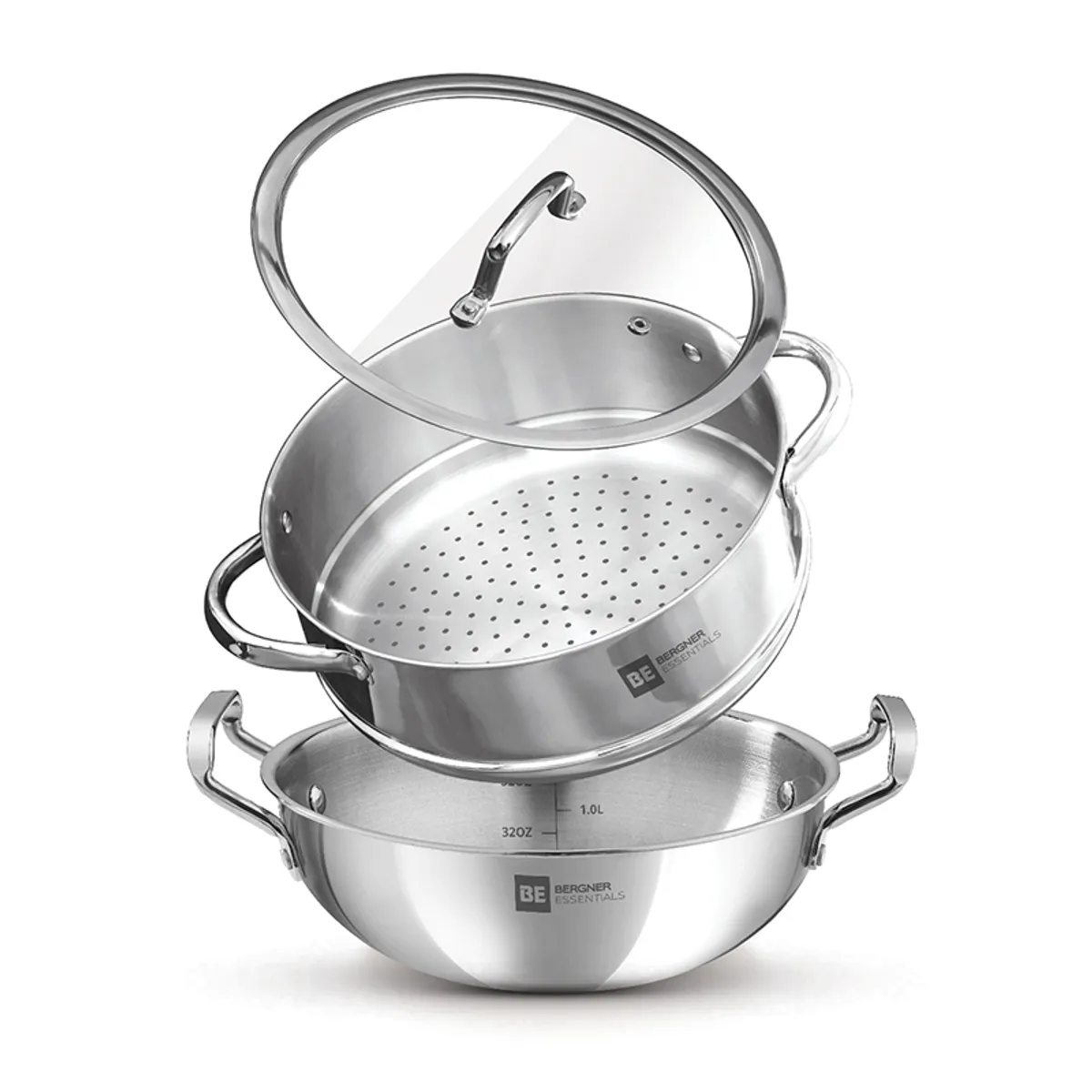 Silver cookware set with kadhai, steamer and glass lid on a white background
