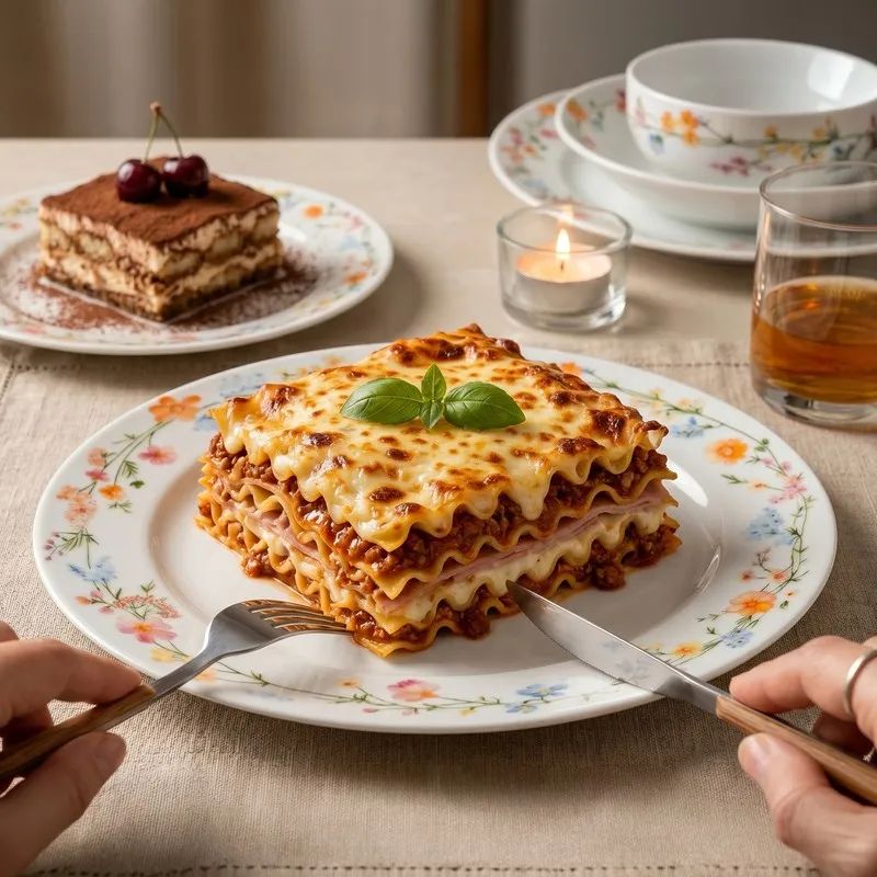 Floral dinner plate in use with a meal, dessert plate and bowl in the background