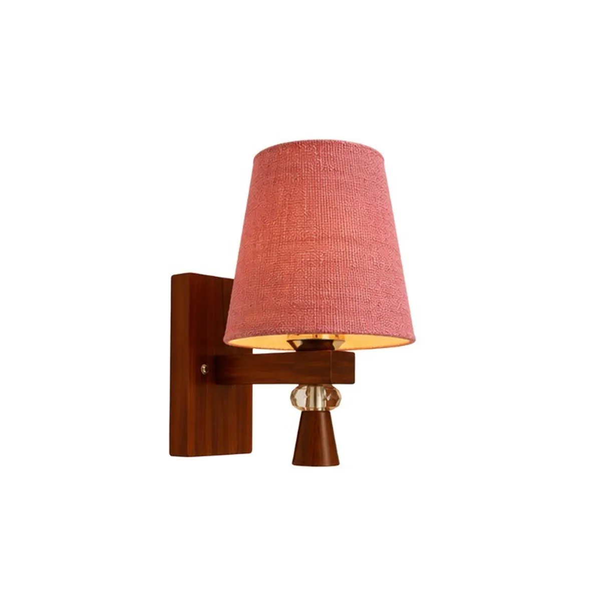 Pink jute wall lamp with brown wooden mount shown against a white background