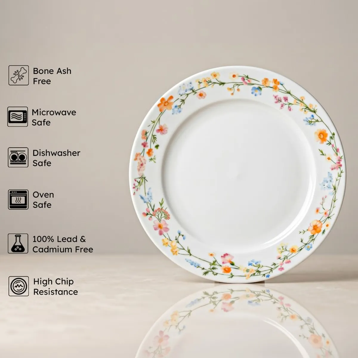 Round floral rim dinner plate shown front view