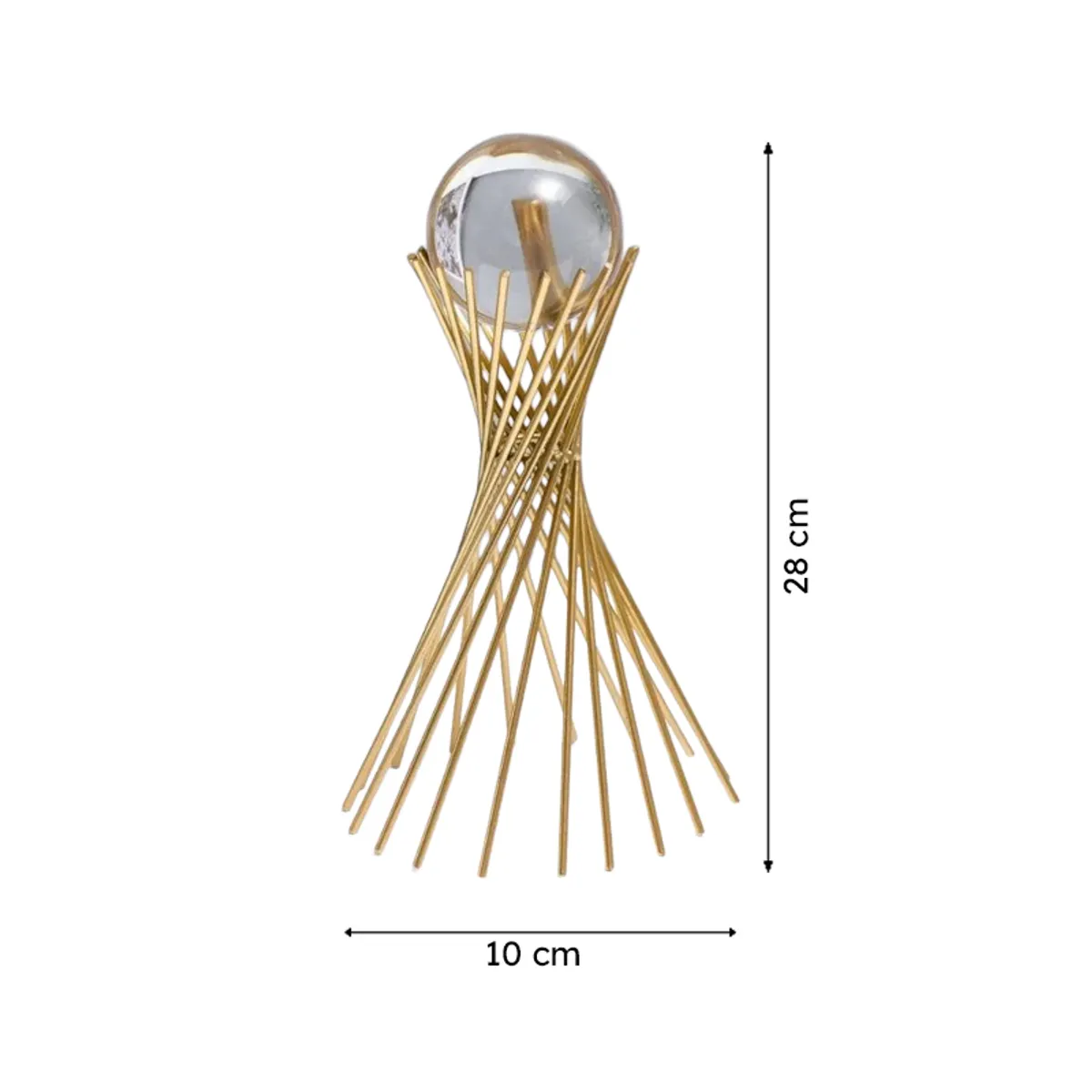 Gold sculptural showpiece with a crystal orb shown on a white background