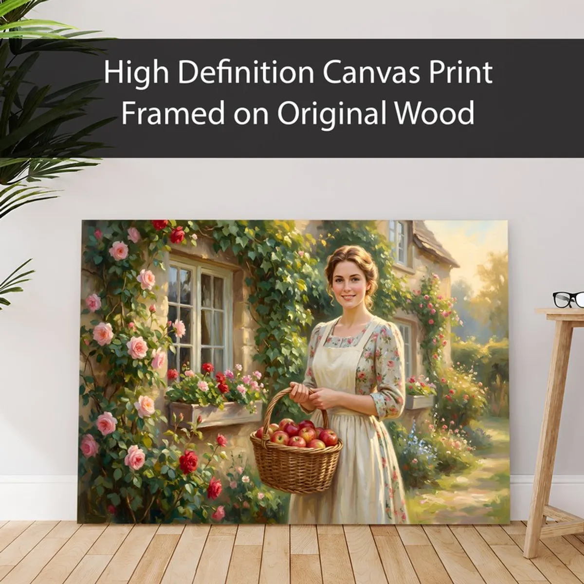 Canvas print of a woman in a cottage garden leaning against a wall in a room setting