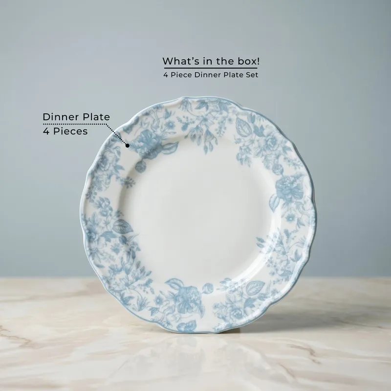 Single blue and white floral round dinner plate