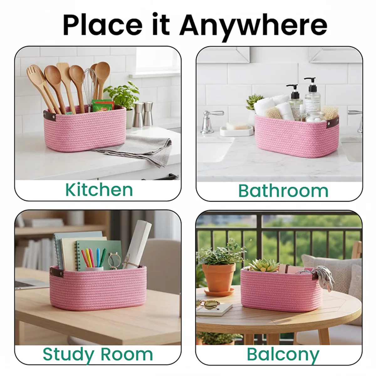Pink rectangular basket styled in kitchen, bathroom, study and balcony settings