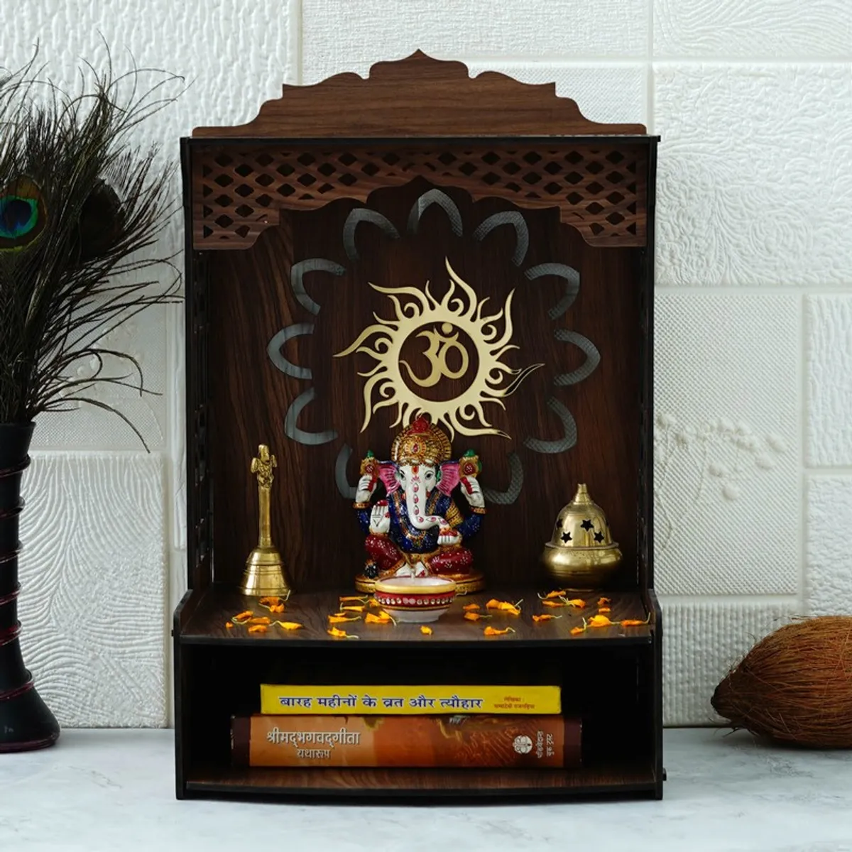 Wooden mandir front view with Om motif and open lower shelf