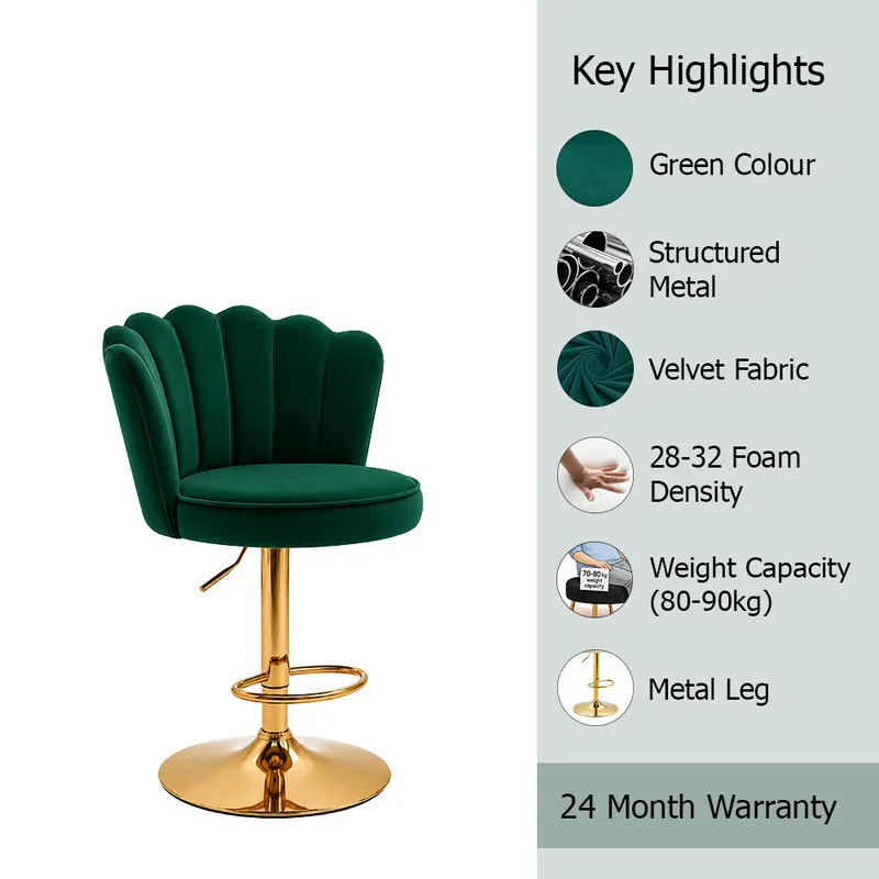 Green velvet bar chair with gold-toned base beside a highlights panel