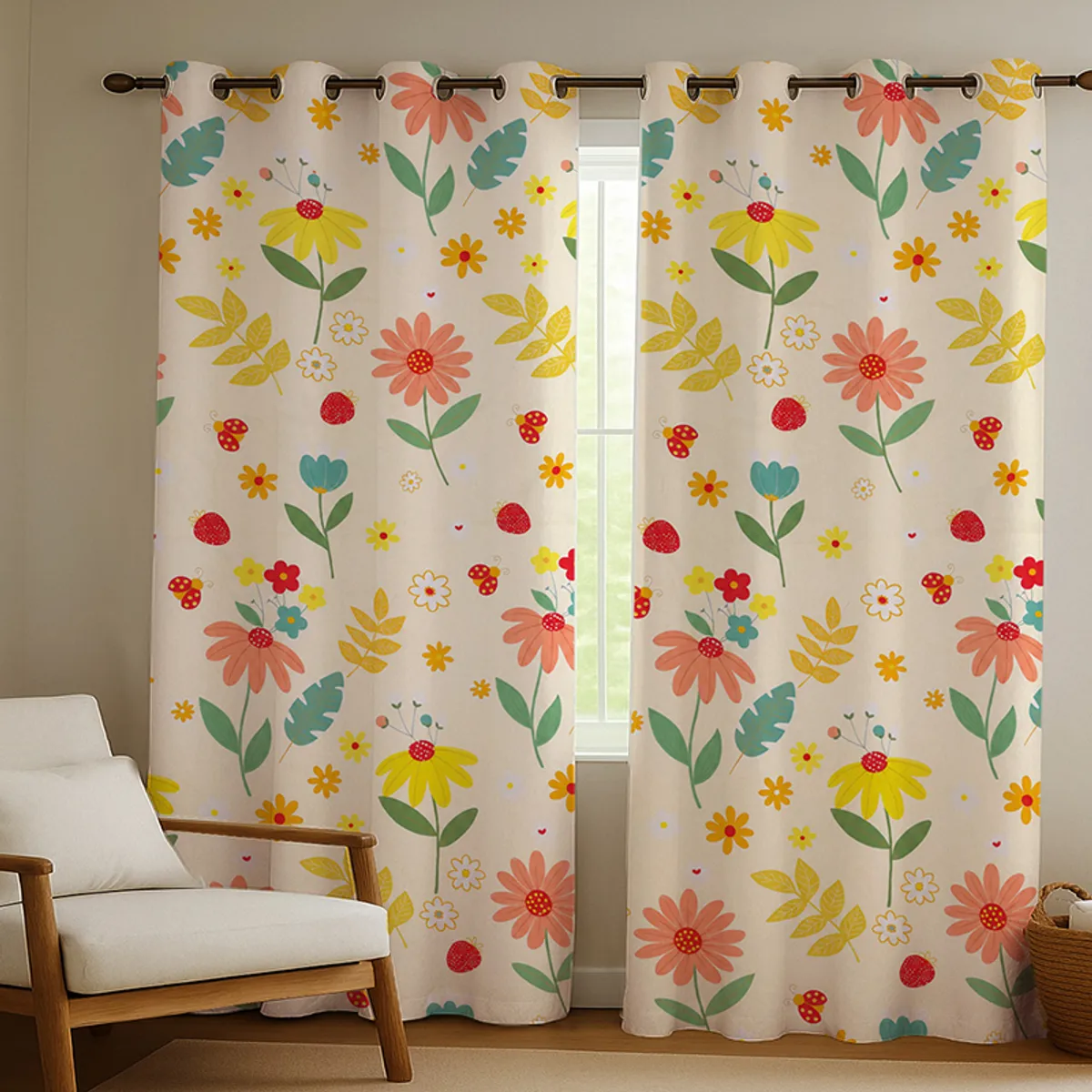 Pair of colourful floral curtains framing a window in a living room