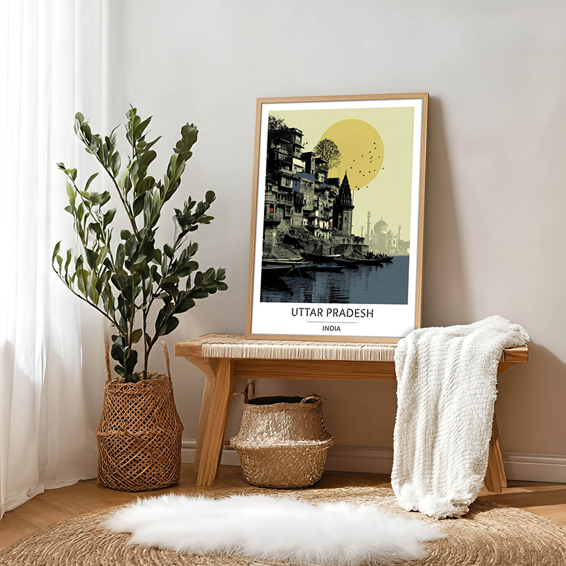 Sacred Ghats of Uttar Pradesh Wall Art With Brown Frame - Small