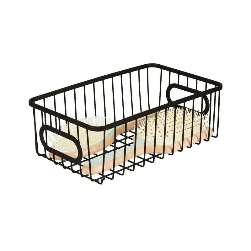 Single black rectangular metal wire basket with small items inside