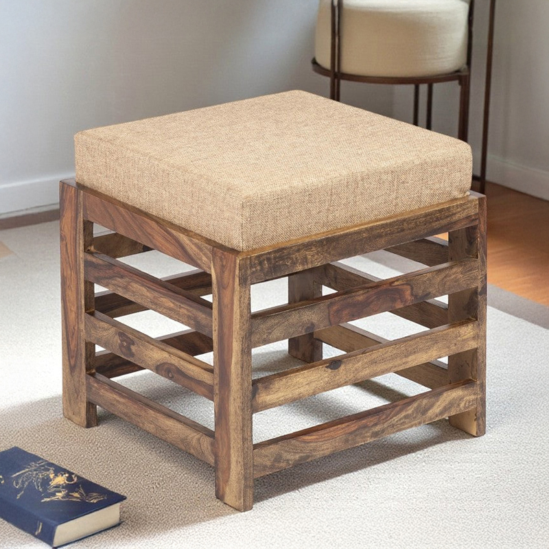 Tavro Sheesham Wooden Stool With Cushion - Beige