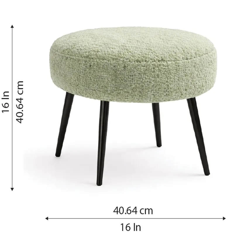Round bouclé stool shown with vertical and horizontal dimension arrows