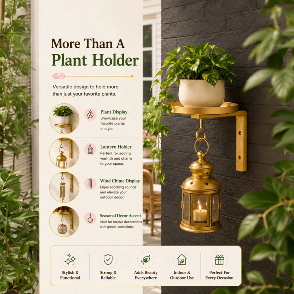 Gold wall-mounted planter stand shown holding a plant, lantern and hanging decor outdoors.