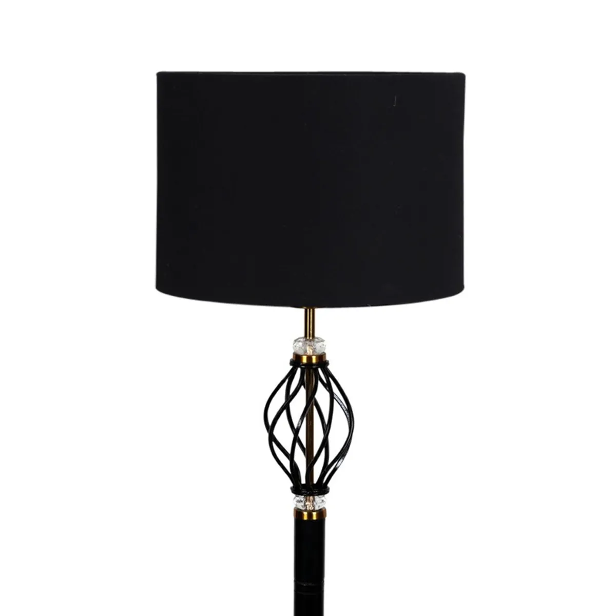 Close-up of black drum shade and spiral metal detail on the lamp