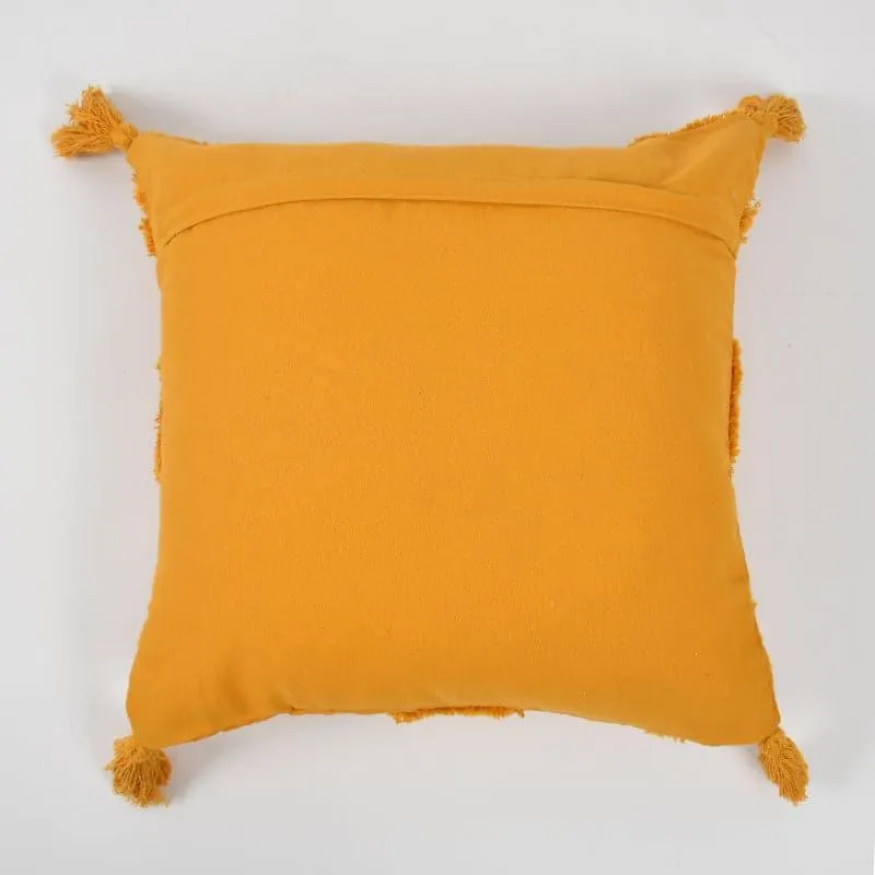 Back view of a yellow square cushion cover with corner tassels