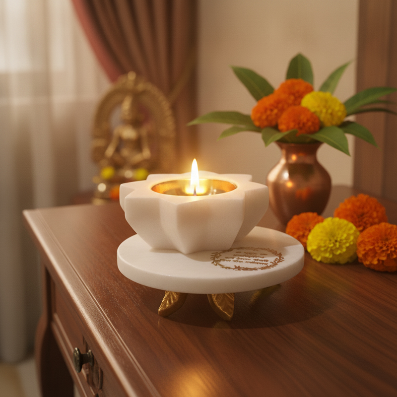 Petalfire Glow Marble Diya With Pooja Chowki - Two Piece Set