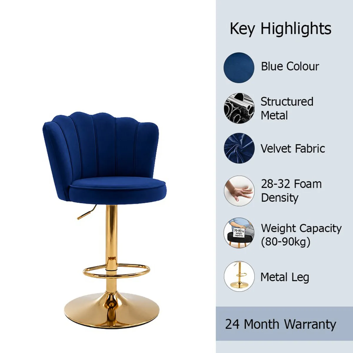 Blue velvet bar chair with gold-toned metal base on white background