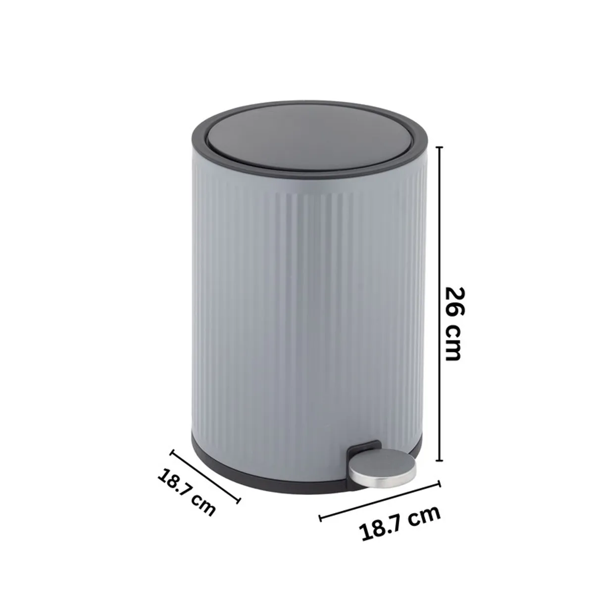 Grey cylindrical dustbin with dimensions shown