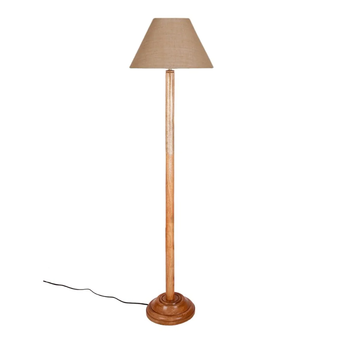 Wooden floor lamp with beige conical shade on a white background
