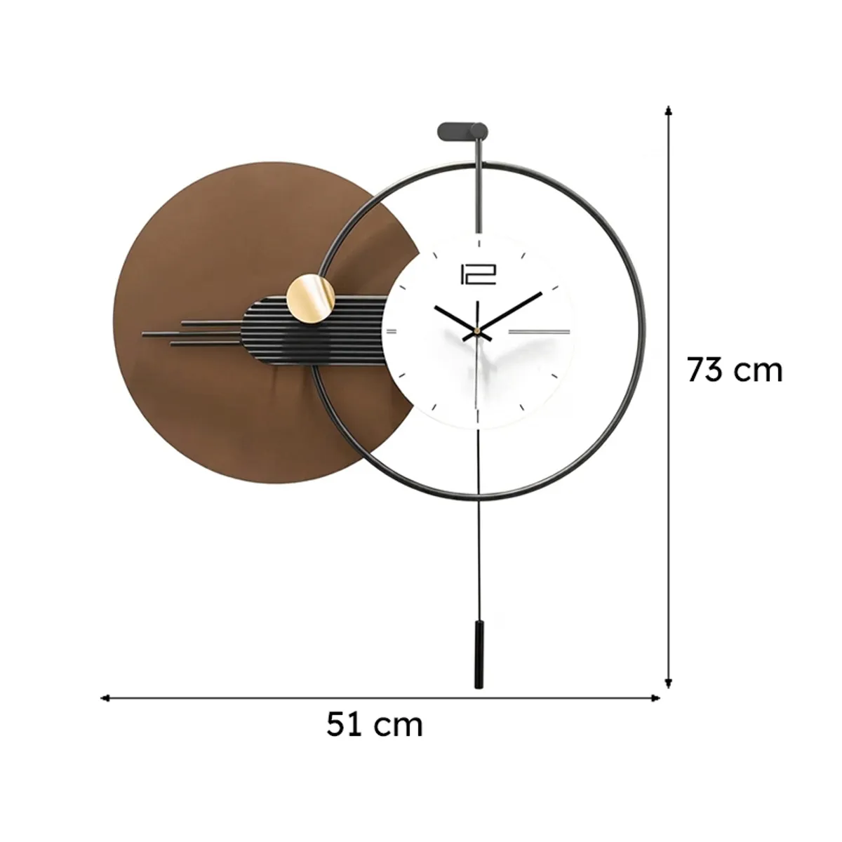 Geometric wall clock with dimension arrows shown on a white background