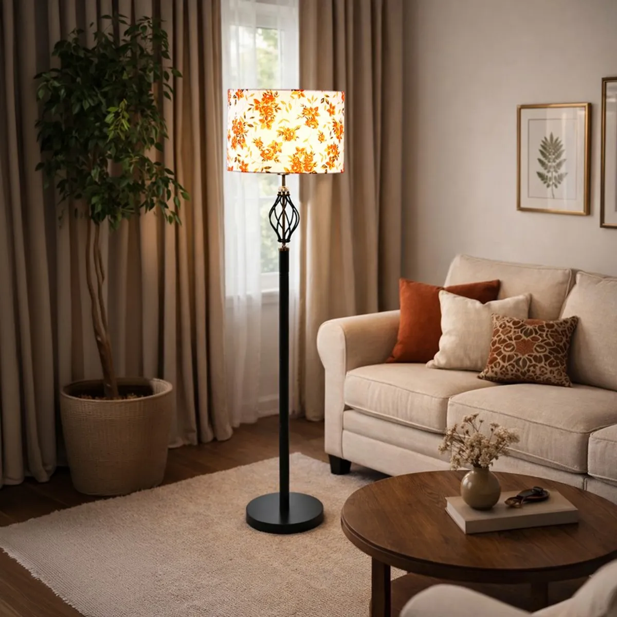 Lit floral floor lamp beside a cream sofa in a cosy living room