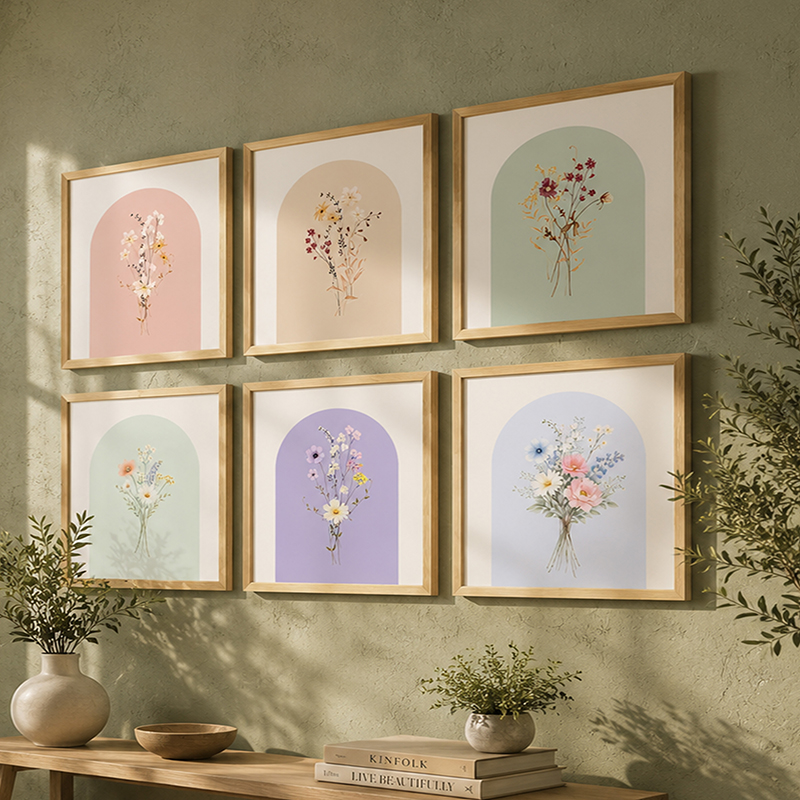 Subtle Flora Paper Wall Painting With Frame - Set Of Six
