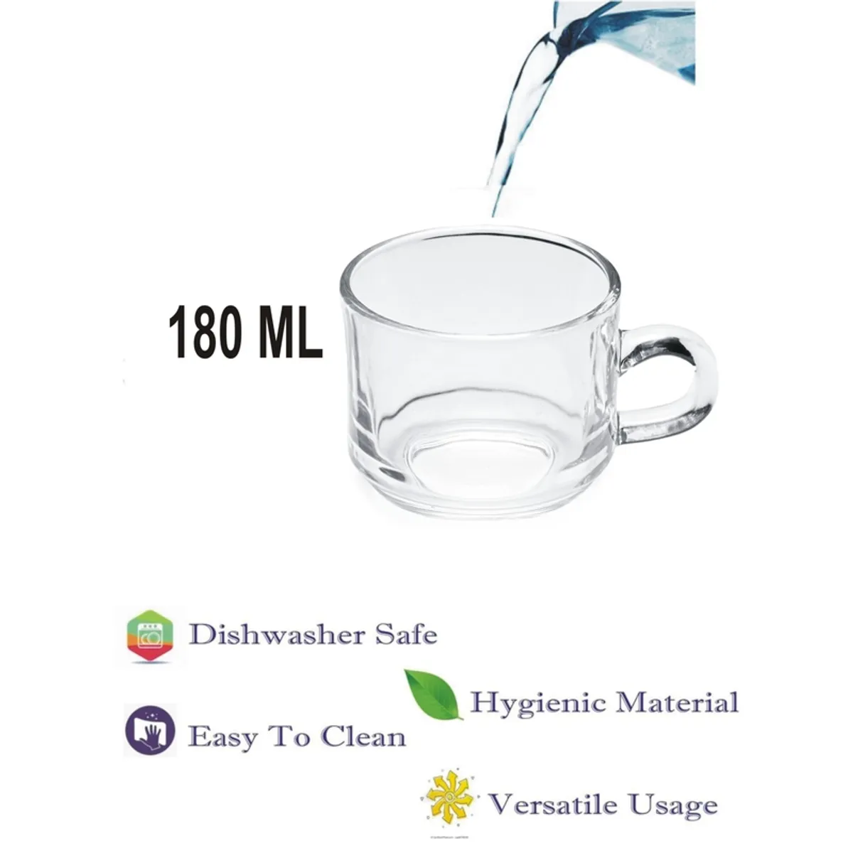 Transparent glass tea cup shown with a poured beverage and care icons