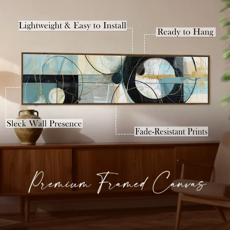 Framed panoramic abstract wall art in blue, black and gold on a wooden console wall