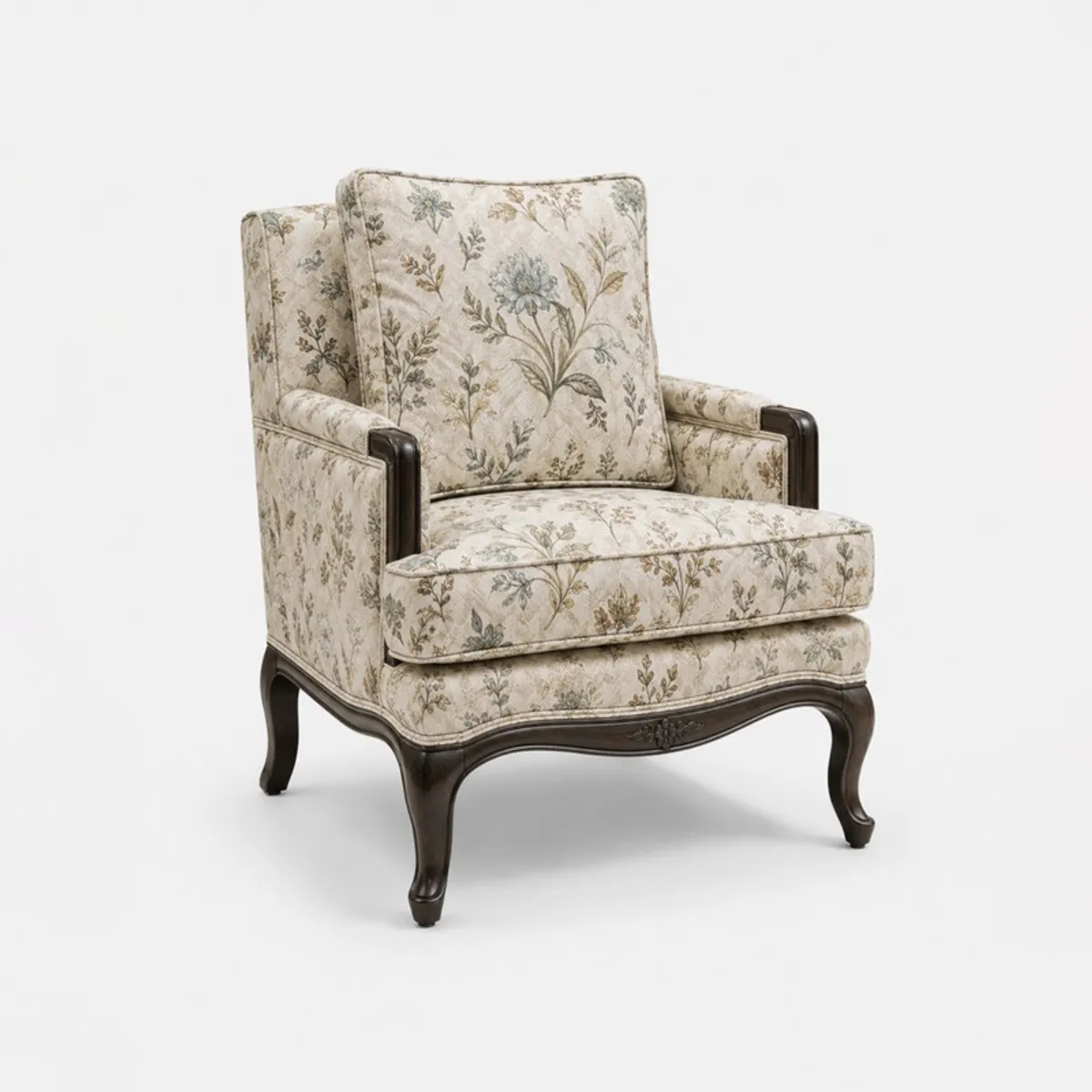 Three-quarter view of a cream floral lounge chair on a white background