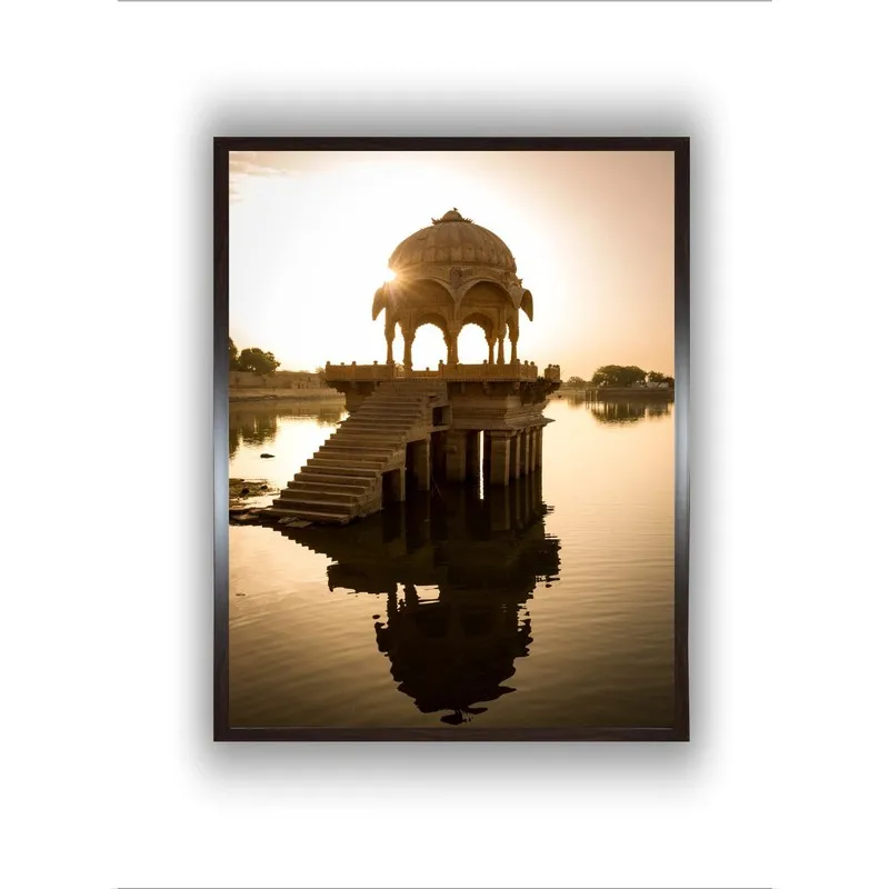 Front view of framed pavilion lake wall painting