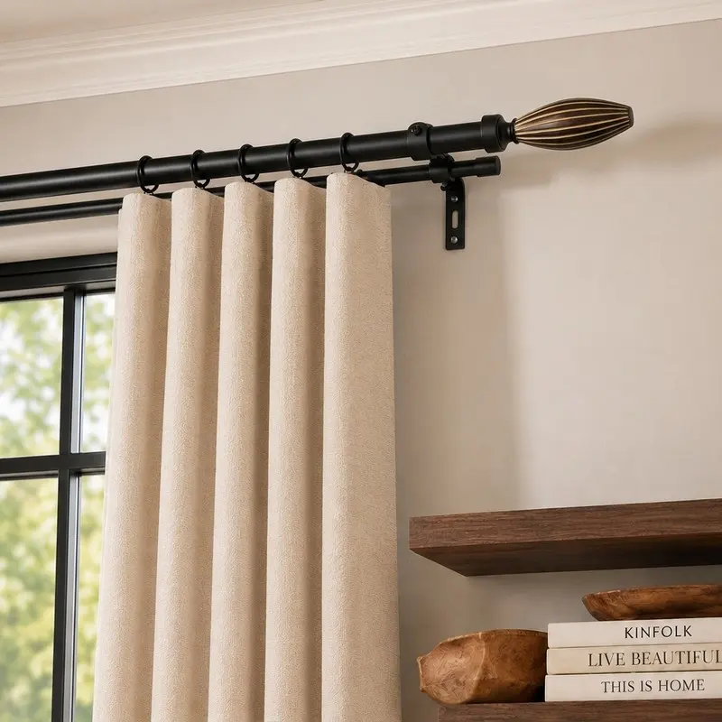 SlideFit Extendable Double Curtain Rod with Wood Bud Finial & Bracket - Black - M