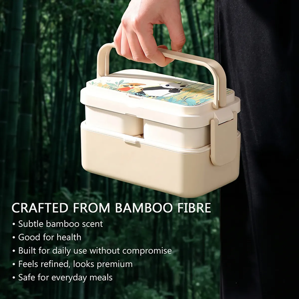 Beige panda-print lunch box carried by its handle outdoors