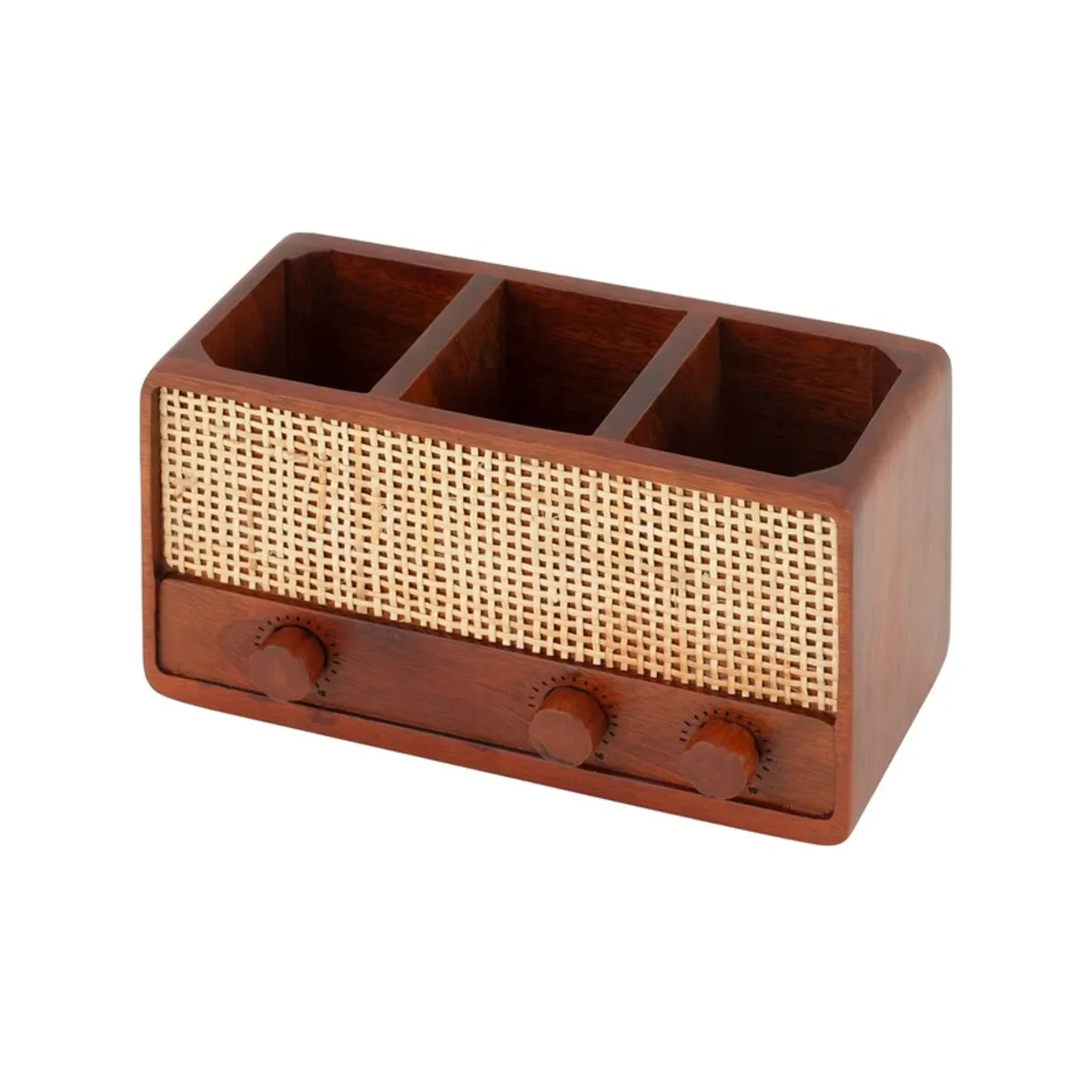 Brown rectangular cutlery stand with woven front and three compartments