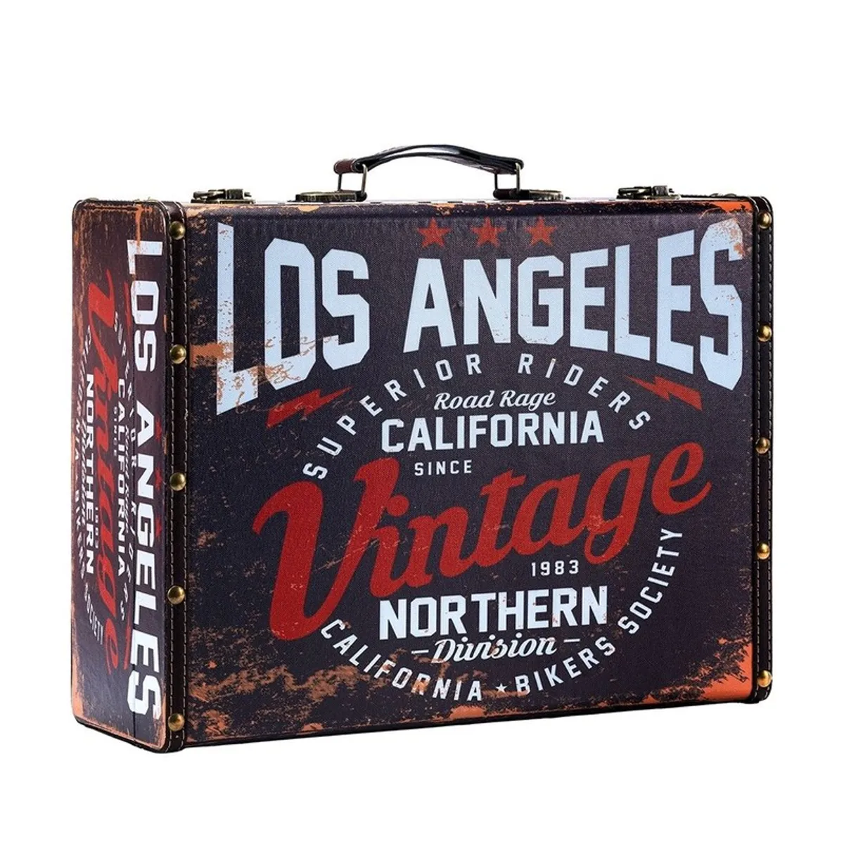 Front view of typographic vintage storage box with handle and distressed finish