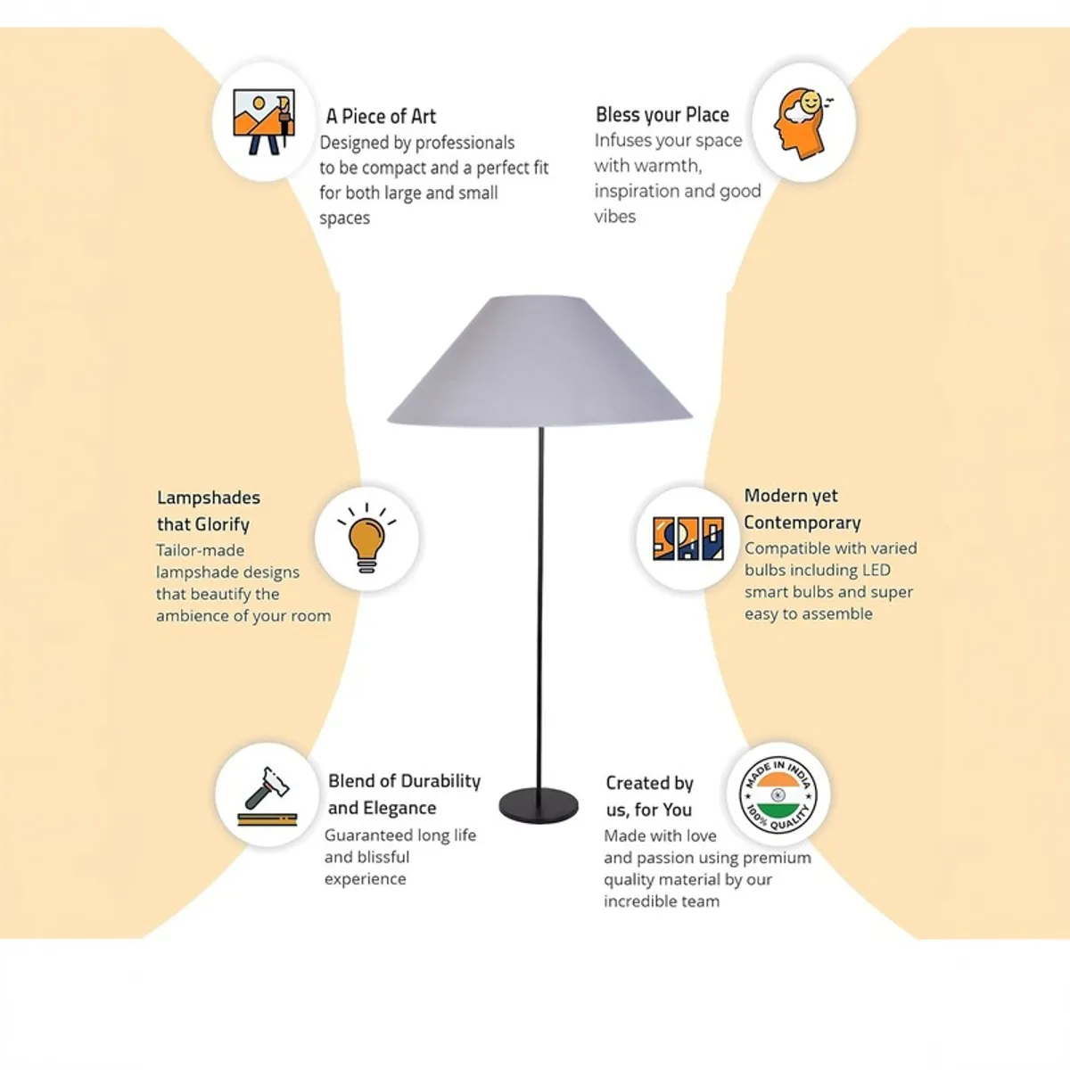 Product infographic layout showing the floor lamp with small decorative icons around it