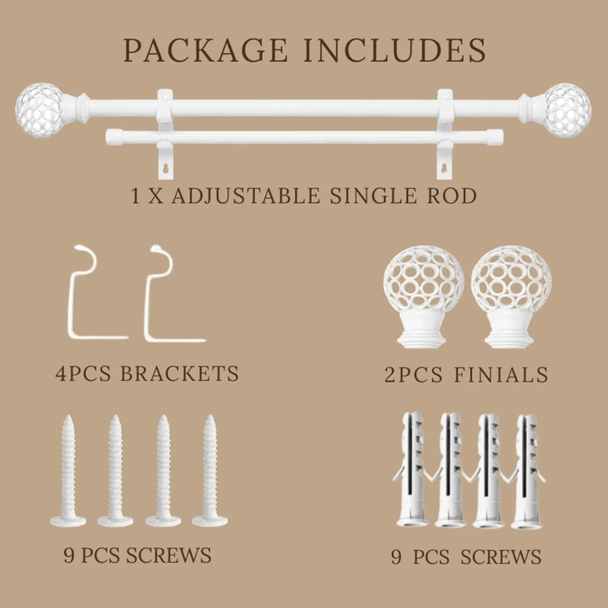 White curtain rod set with rod, brackets and round finials
